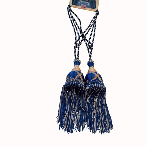 Elegant Blue Gold Curtain Tieback Craft Decor VTG Tassel Cord Set of 2 Regal DIY - Picture 4 of 12